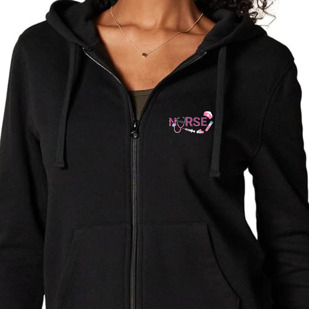 Nurse Design Black Hooded Zip-Up